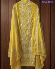 Designer Mul Cotton Unstitched Suit Set with Pita Work, Pearl Highlights & Mukiesh Dupatta