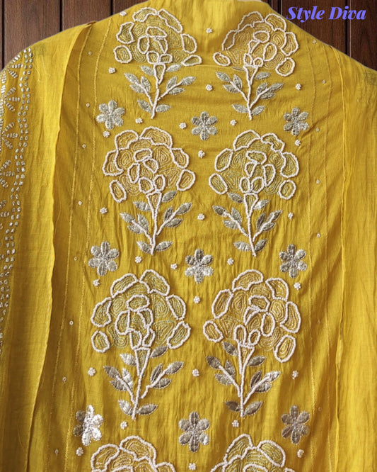 Designer Mul Cotton Unstitched Suit Set with Pita Work, Pearl Highlights & Mukiesh Dupatta