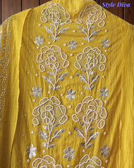 Designer Mul Cotton Unstitched Suit Set with Pita Work, Pearl Highlights & Mukiesh Dupatta