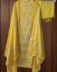 Designer Mul Cotton Unstitched Suit Set with Pita Work, Pearl Highlights & Mukiesh Dupatta