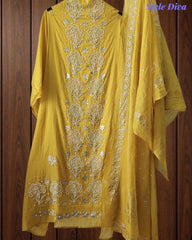 Designer Mul Cotton Unstitched Suit Set with Pita Work, Pearl Highlights & Mukiesh Dupatta