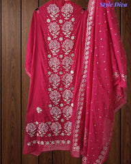 Designer Mul Cotton Unstitched Suit Set with Pita Work, Pearl Highlights & Mukiesh Dupatta