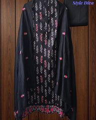 Cotton Printed Unstitched Suit Set with Daman Embroidery & Scalloped Mul Cotton Dupatta