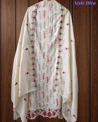 Cotton Printed Unstitched Suit Set with Daman Embroidery & Scalloped Mul Cotton Dupatta
