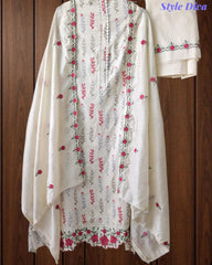 Cotton Printed Unstitched Suit Set with Daman Embroidery & Scalloped Mul Cotton Dupatta