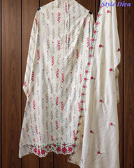 Cotton Printed Unstitched Suit Set with Daman Embroidery & Scalloped Mul Cotton Dupatta