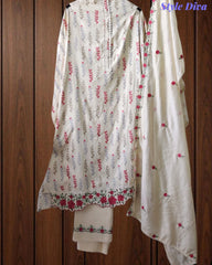 Cotton Printed Unstitched Suit Set with Daman Embroidery & Scalloped Mul Cotton Dupatta
