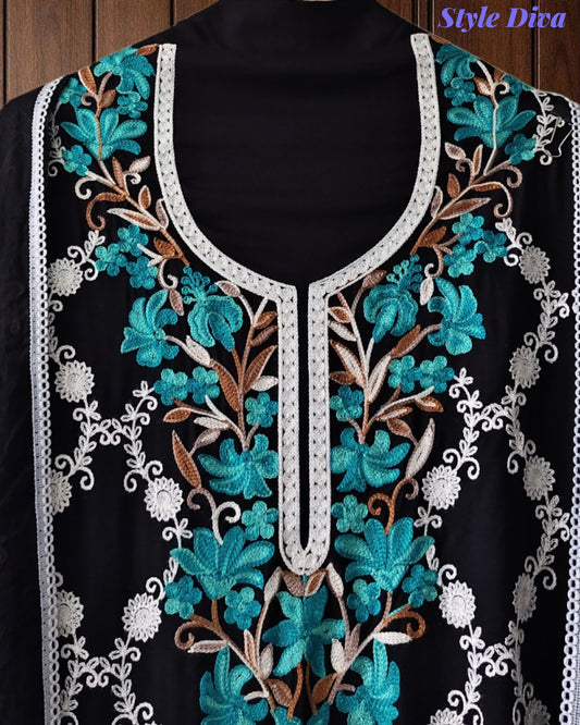 Premium Rayon Unstitched Suit with Overall Kashmiri Embroidery and Crochet Border
