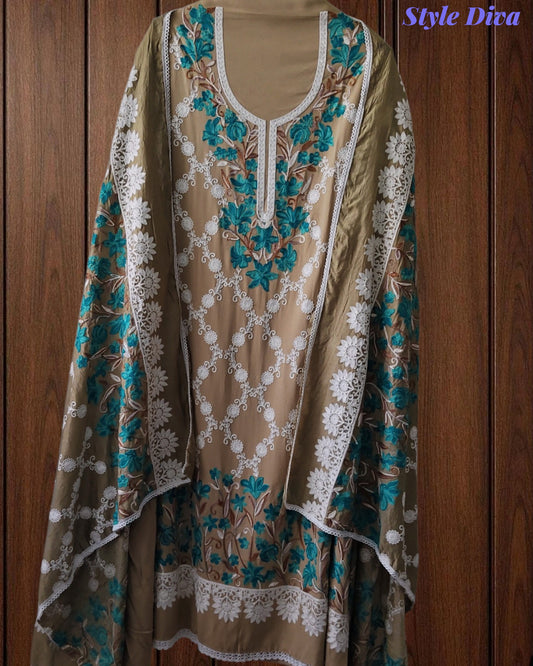 Premium Rayon Unstitched Suit with Overall Kashmiri Embroidery and Crochet Border