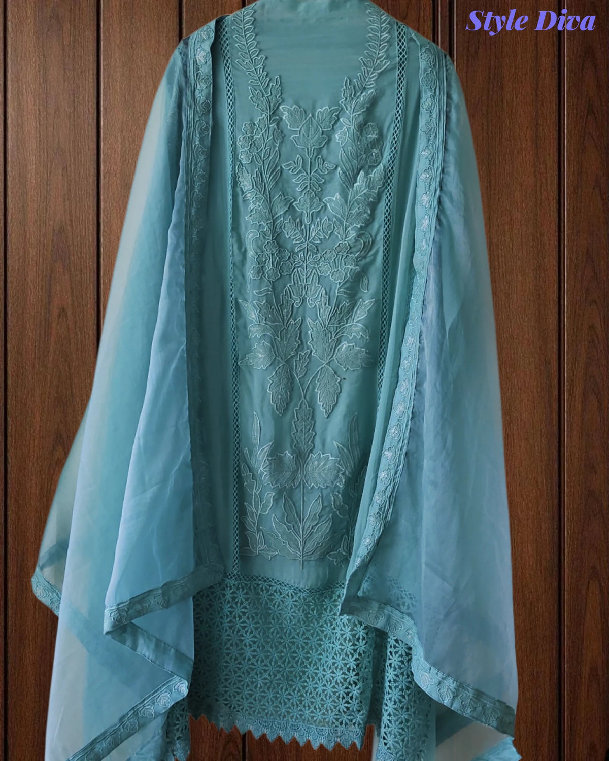 Designer Organza Unstitched Suit Set with Applique Work, Sequin Highlights & Embroidered Border Dupatta