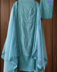 Designer Organza Unstitched Suit Set with Applique Work, Sequin Highlights & Embroidered Border Dupatta