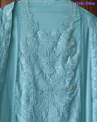 Designer Organza Unstitched Suit Set with Applique Work, Sequin Highlights & Embroidered Border Dupatta