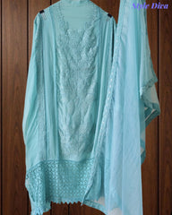 Designer Organza Unstitched Suit Set with Applique Work, Sequin Highlights & Embroidered Border Dupatta