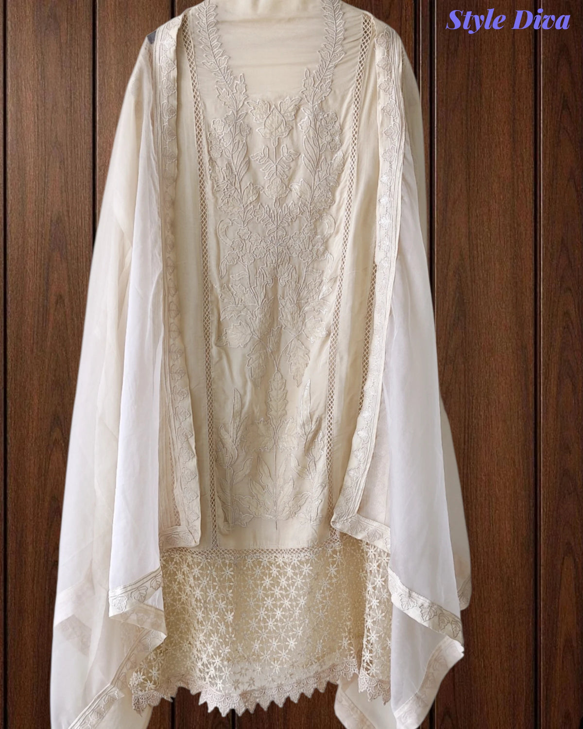 Designer Organza Unstitched Suit Set with Applique Work, Sequin Highlights & Embroidered Border Dupatta