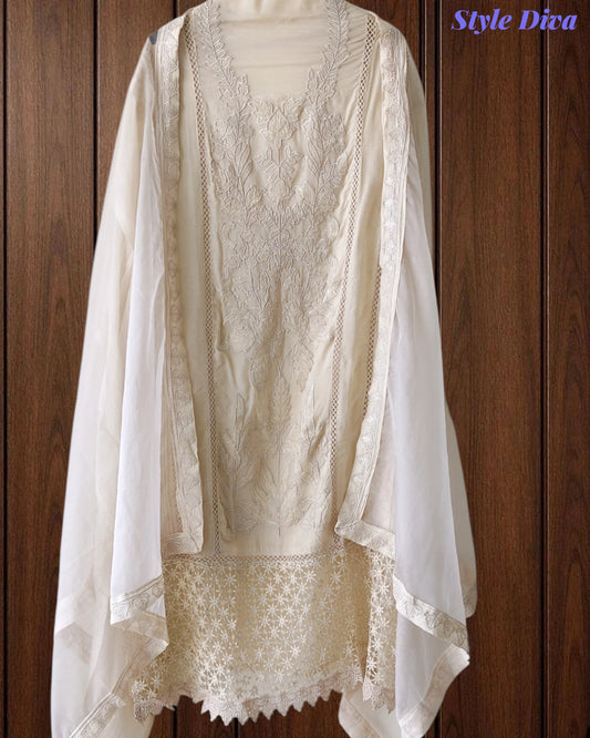 Designer Organza Unstitched Suit Set with Applique Work, Sequin Highlights & Embroidered Border Dupatta