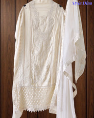 Designer Organza Unstitched Suit Set with Applique Work, Sequin Highlights & Embroidered Border Dupatta