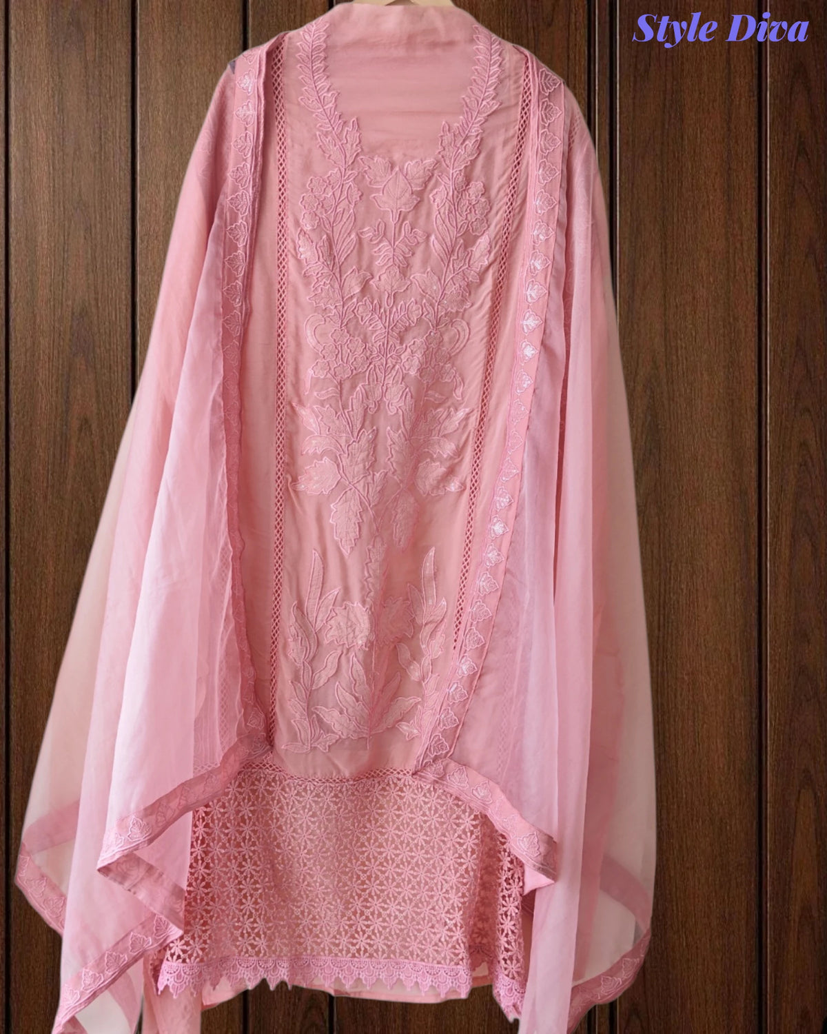 Designer Organza Unstitched Suit Set with Applique Work, Sequin Highlights & Embroidered Border Dupatta