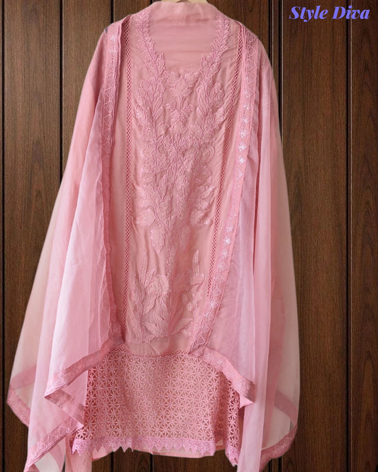 Designer Organza Unstitched Suit Set with Applique Work, Sequin Highlights & Embroidered Border Dupatta