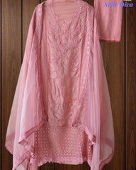 Designer Organza Unstitched Suit Set with Applique Work, Sequin Highlights & Embroidered Border Dupatta