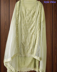 Designer Organza Unstitched Suit Set with Applique Work, Sequin Highlights & Embroidered Border Dupatta