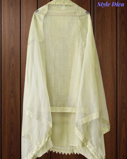 Designer Organza Unstitched Suit Set with Applique Work, Sequin Highlights & Embroidered Border Dupatta