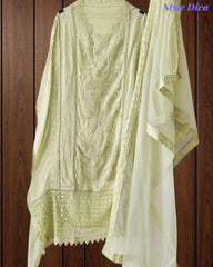 Designer Organza Unstitched Suit Set with Applique Work, Sequin Highlights & Embroidered Border Dupatta