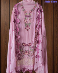 Crepe Unstitched Suit with Overall Embroidery, Pearl Highlighting & Scalloped Organza Dupatta