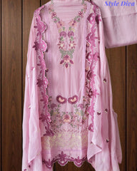 Crepe Unstitched Suit with Overall Embroidery, Pearl Highlighting & Scalloped Organza Dupatta