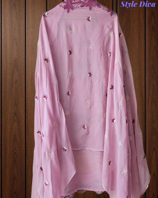 Crepe Unstitched Suit with Overall Embroidery, Pearl Highlighting & Scalloped Organza Dupatta