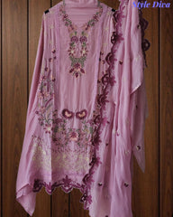 Crepe Unstitched Suit with Overall Embroidery, Pearl Highlighting & Scalloped Organza Dupatta