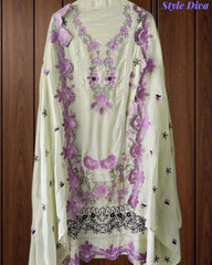 Crepe Unstitched Suit with Overall Embroidery, Pearl Highlighting & Scalloped Organza Dupatta