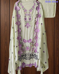 Crepe Unstitched Suit with Overall Embroidery, Pearl Highlighting & Scalloped Organza Dupatta