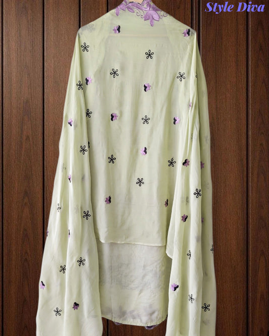 Crepe Unstitched Suit with Overall Embroidery, Pearl Highlighting & Scalloped Organza Dupatta