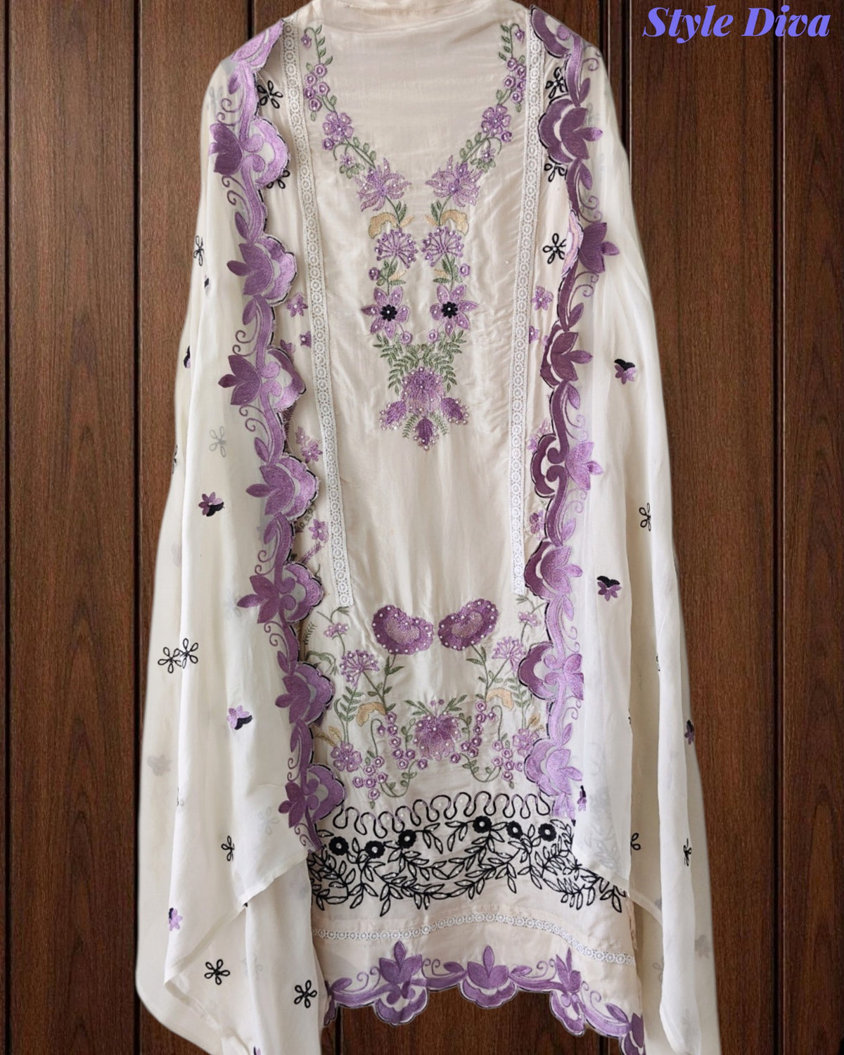 Crepe Unstitched Suit with Overall Embroidery, Pearl Highlighting & Scalloped Organza Dupatta