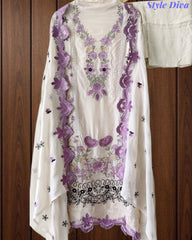 Crepe Unstitched Suit with Overall Embroidery, Pearl Highlighting & Scalloped Organza Dupatta