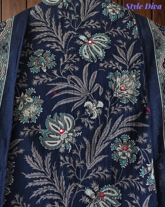 Pure Cotton Printed Unstitched Suit Set with Mirror Highlights & Embroidered Dupatta