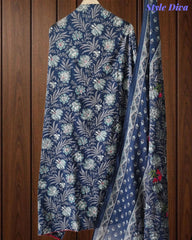Pure Cotton Printed Unstitched Suit Set with Mirror Highlights & Embroidered Dupatta