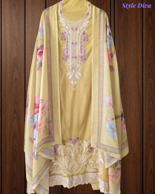 Mul Cotton Unstitched Suit Set with Overall Laser Cut Embroidery & Digital Print Dupatta