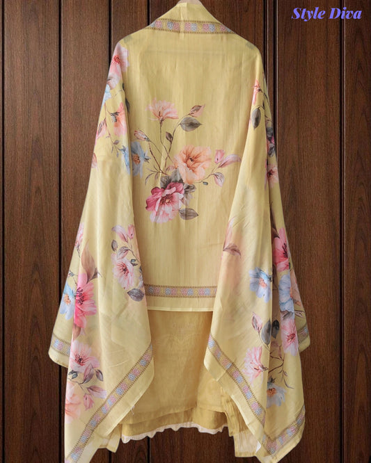 Mul Cotton Unstitched Suit Set with Overall Laser Cut Embroidery & Digital Print Dupatta