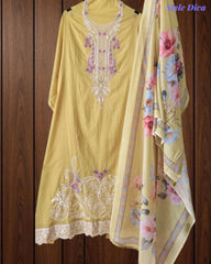 Mul Cotton Unstitched Suit Set with Overall Laser Cut Embroidery & Digital Print Dupatta