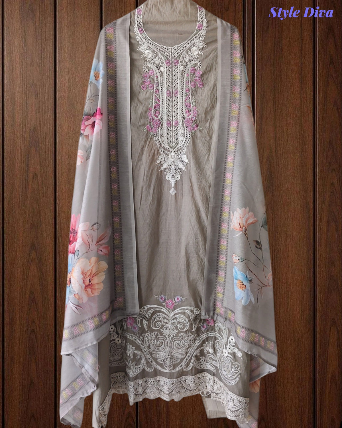 Mul Cotton Unstitched Suit Set with Overall Laser Cut Embroidery & Digital Print Dupatta