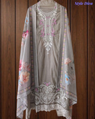 Mul Cotton Unstitched Suit Set with Overall Laser Cut Embroidery & Digital Print Dupatta