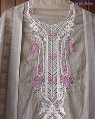 Mul Cotton Unstitched Suit Set with Overall Laser Cut Embroidery & Digital Print Dupatta