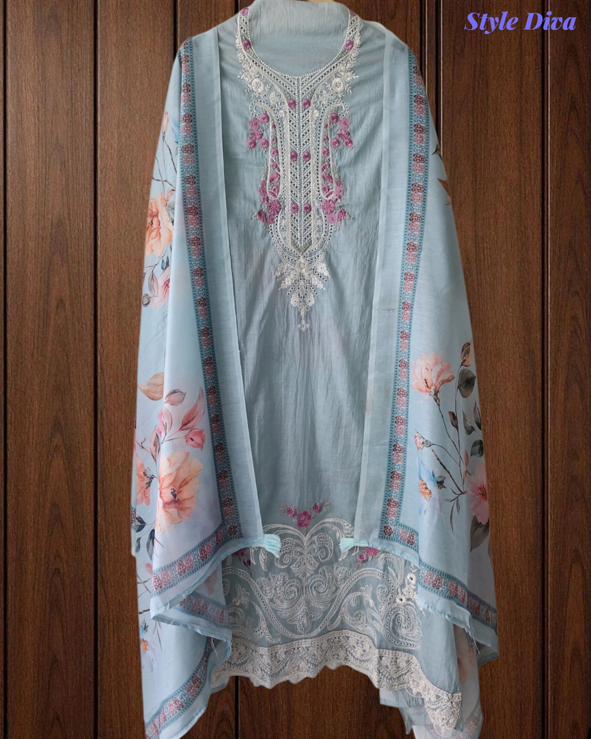 Mul Cotton Unstitched Suit Set with Overall Laser Cut Embroidery & Digital Print Dupatta