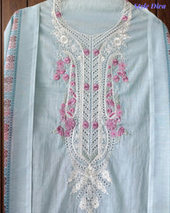 Mul Cotton Unstitched Suit Set with Overall Laser Cut Embroidery & Digital Print Dupatta
