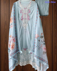 Mul Cotton Unstitched Suit Set with Overall Laser Cut Embroidery & Digital Print Dupatta