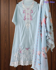 Mul Cotton Unstitched Suit Set with Overall Laser Cut Embroidery & Digital Print Dupatta