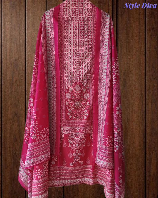 Cotton Digital Printed Unstitched Suit Set with Pearl & Cut-Dana Highlighting