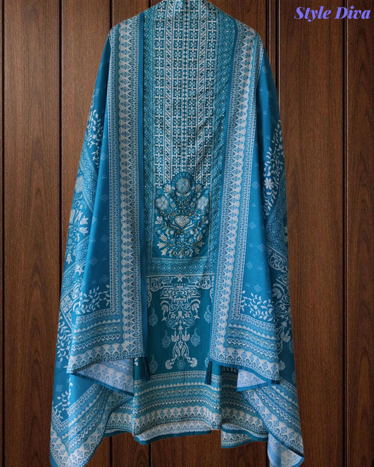 Cotton Digital Printed Unstitched Suit Set with Pearl & Cut-Dana Highlighting