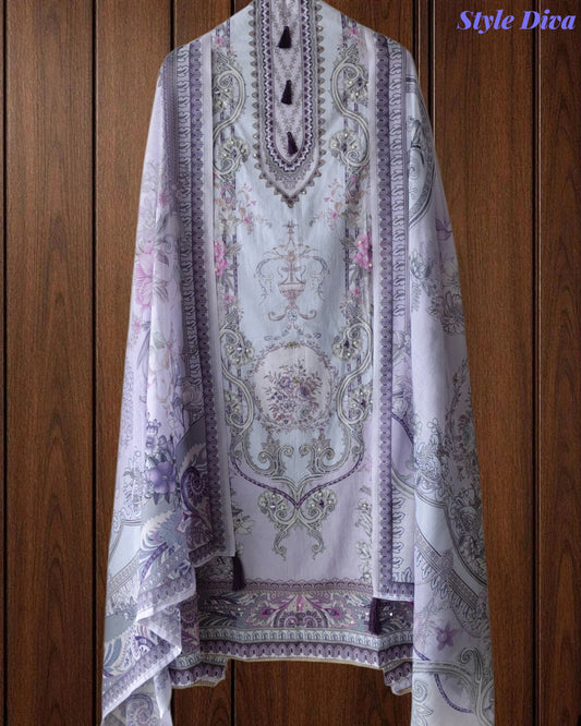 Cotton Digital Printed Unstitched Suit Set with Pearl Highlighting
